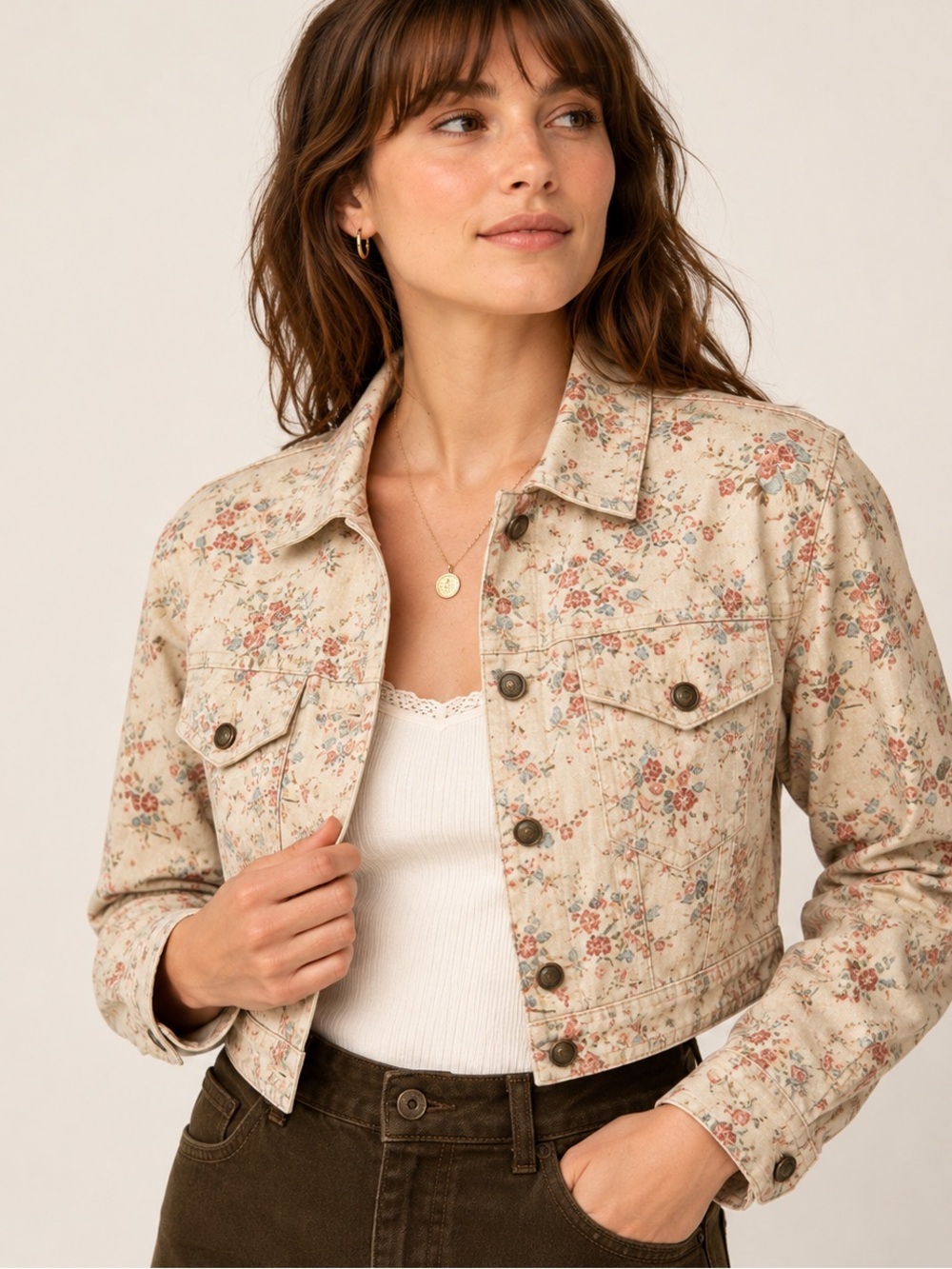 Vintage Floral Cropped Jacket Romantic Cottagecore Cotton Twill M